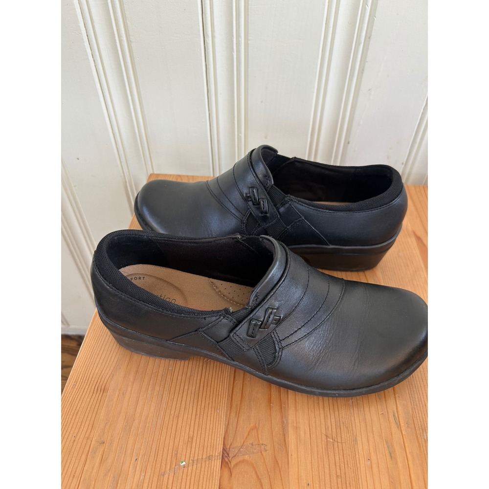 Clarks Womens 8.5 Angie Pearl Black Leather Slip On Comfort Loafers Clogs Shoes